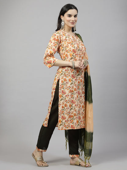 "Orange Blossom Elegance: Floral Print Kurta Pant Set with Dark Green Accents and Dupatta"