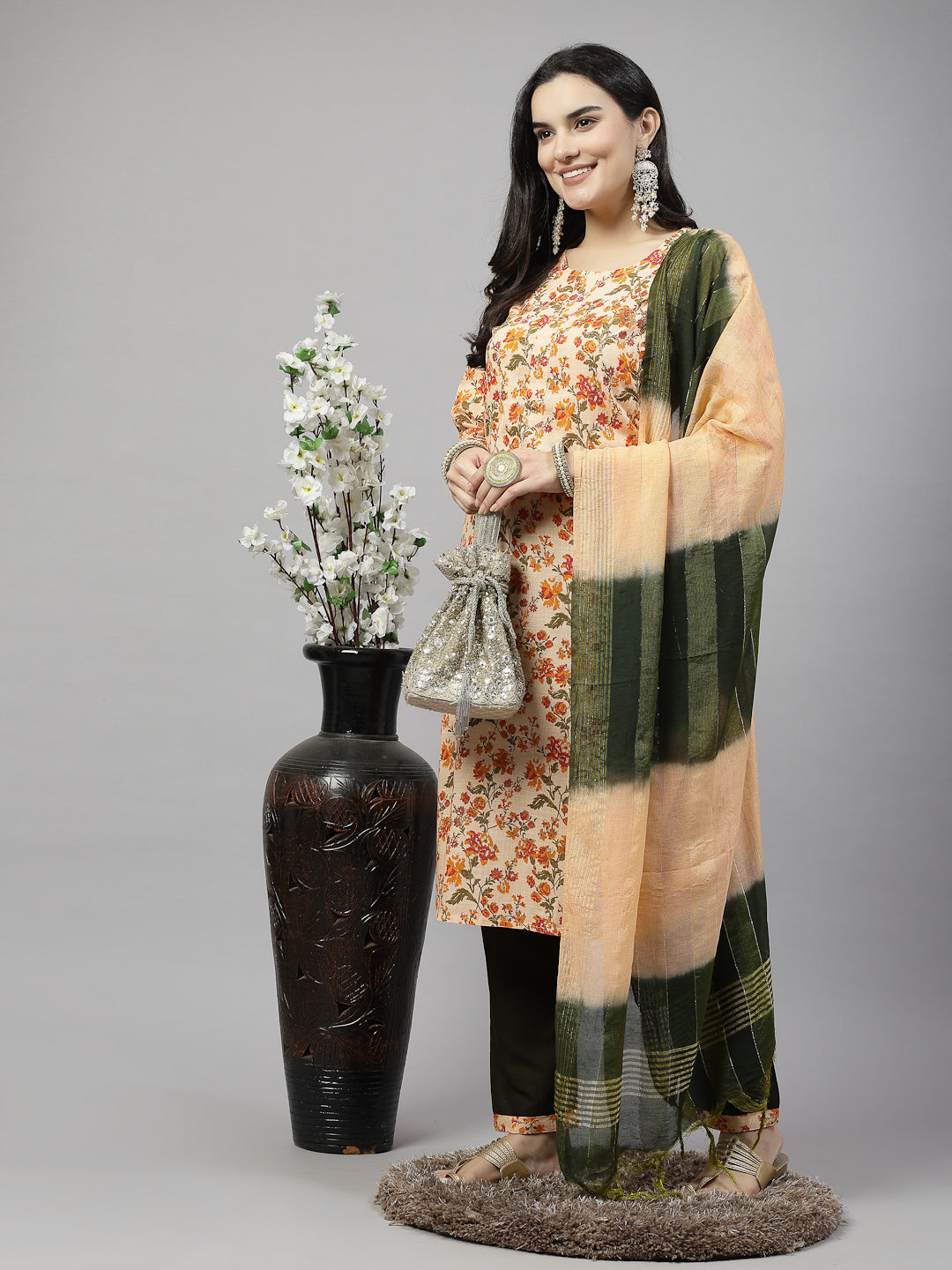 "Orange Blossom Elegance: Floral Print Kurta Pant Set with Dark Green Accents and Dupatta"