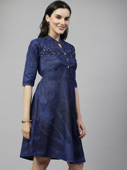 "Chic Denim Delight: 3/4 Sleeve Collar Neck Kurta with Wooden Beads and Silver Stones, Belted for Comfortable Fit"