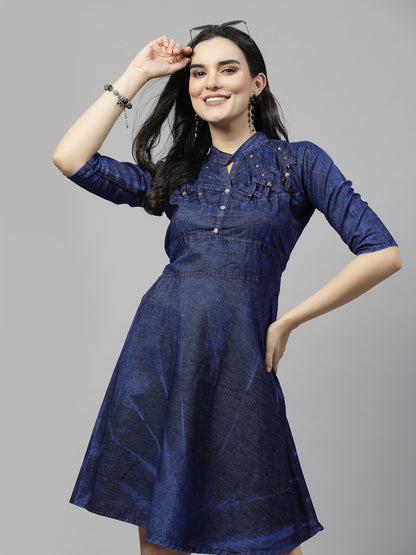"Chic Denim Delight: 3/4 Sleeve Collar Neck Kurta with Wooden Beads and Silver Stones, Belted for Comfortable Fit"