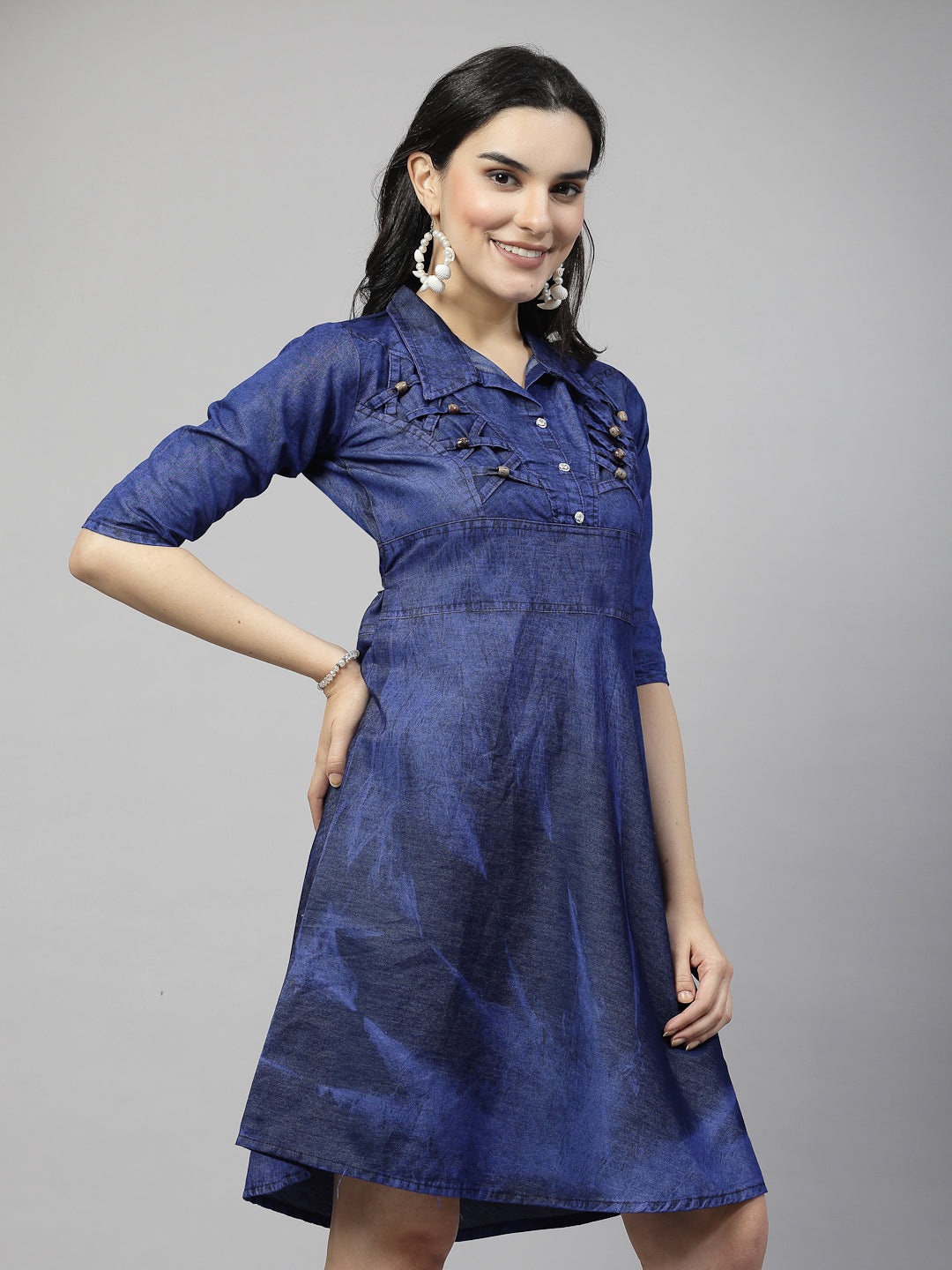 "Dazzling Denim Charm: 3/4 Sleeve Shirt Collar Neck Kurta with Wooden Beads, Silver Stones, and Comfort Fit Belt"