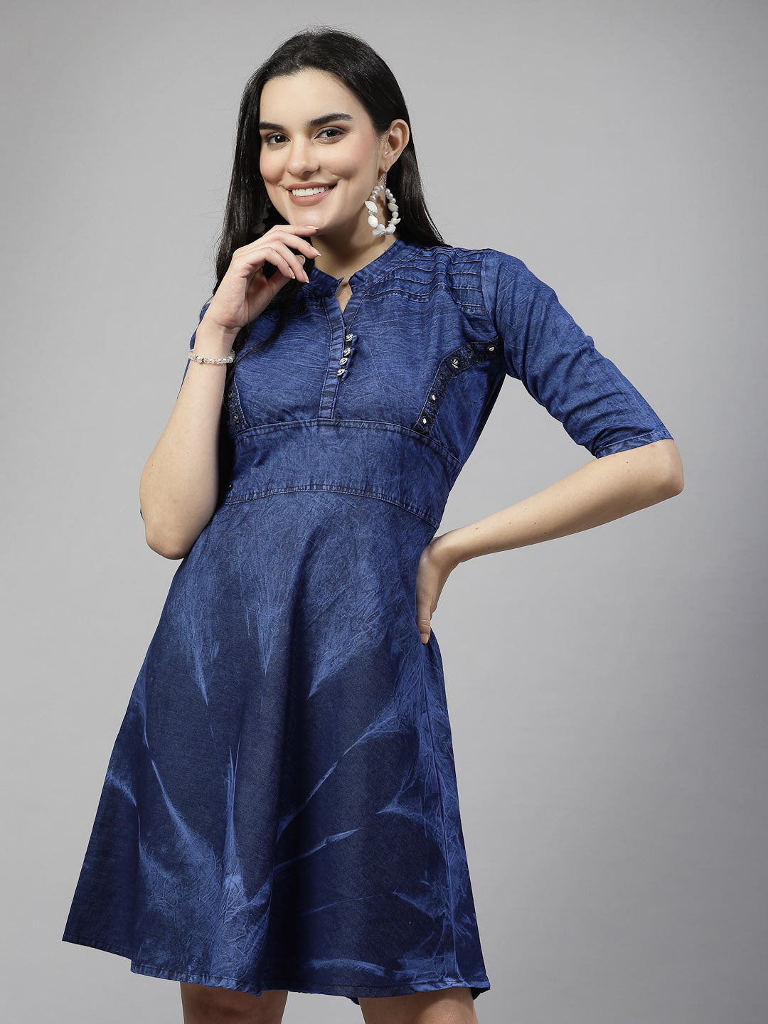 Chic Denim Delight: 3/4 Sleeve Round Collar Neck Kurta with Wooden Beads and Silver Stones, Belted for Comfortable Fit"