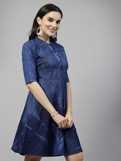 Chic Denim Delight: 3/4 Sleeve Round Collar Neck Kurta with Wooden Beads and Silver Stones, Belted for Comfortable Fit"