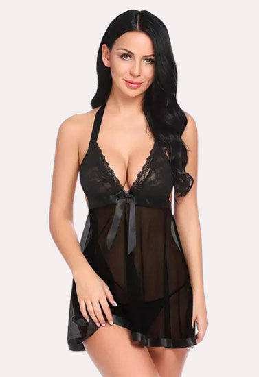Flirty Sheer and Lace Chemise in Black